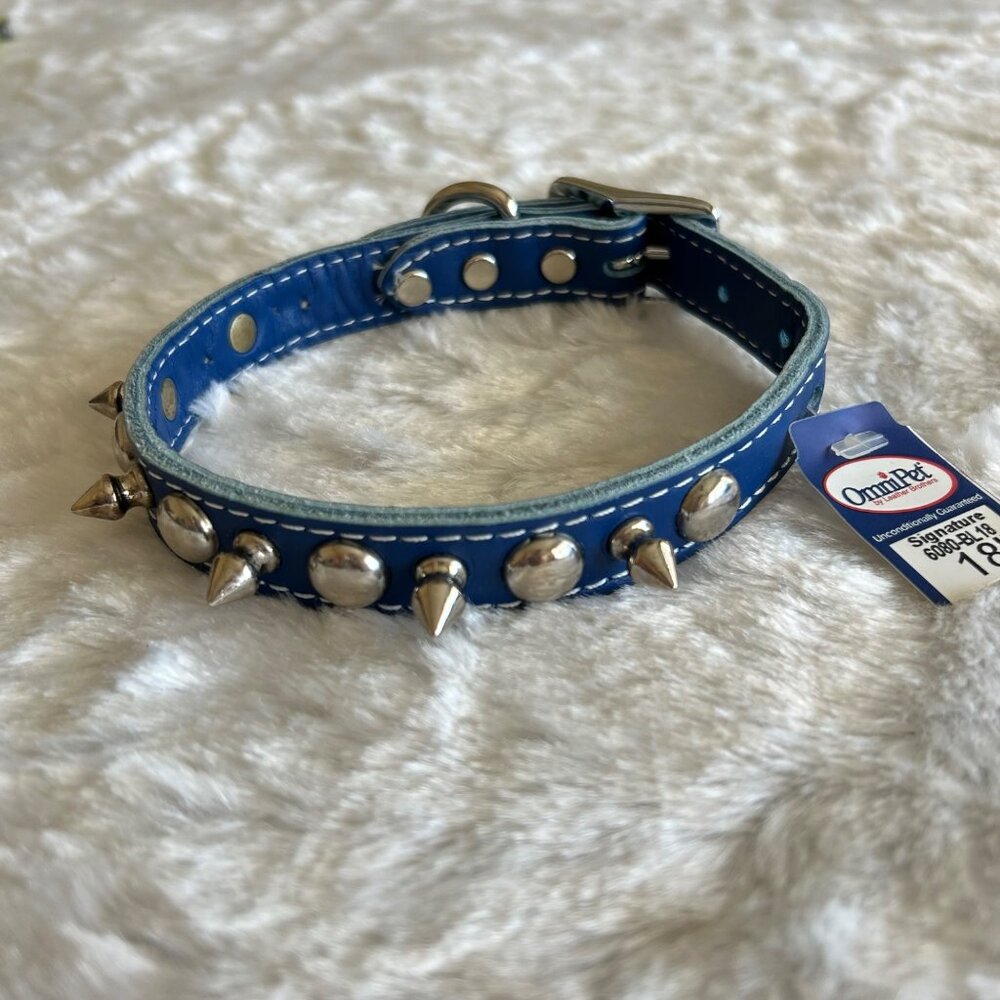 NWT OmniPet Signature Blue Leather Studded Dog Collar 18"